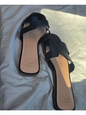 A New Day Black Slip-On Sandals Womens Size 11 Faux Leather Square Toe Minimalis